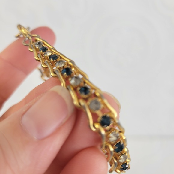 Vintage Gold Tone Rhinestone Link Bracelet Blue Clear Stones 8" Lobster Clasp - Picture 4 of 7